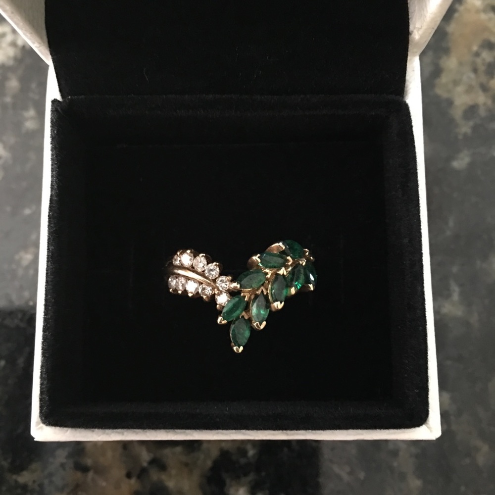 14k Gold, Marquis Emeralds & Round Diamonds